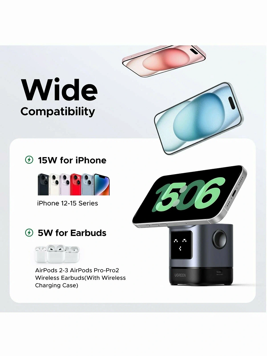 45775 Беспроводное зарядное устройство UGREEN W709 20W с кабелем USB-C-USB-C 1м. Цвет: серый